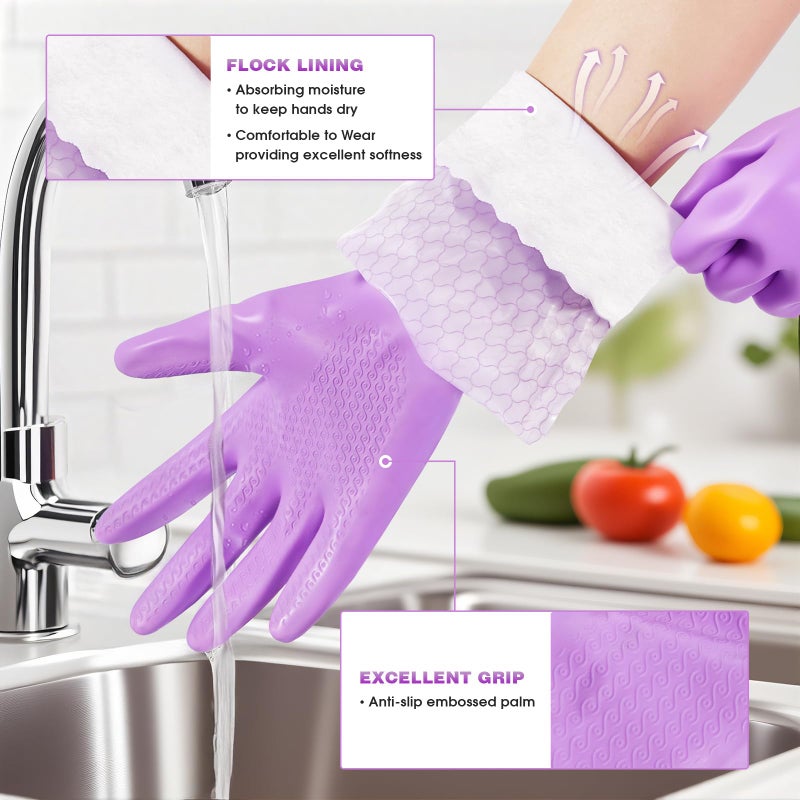 Elgood Reusable Long Sleeve Dishwashing Cleaning Gloves with Latex Free,Cotton Lining,Kitchen Gloves 2 Pairs,Purple+Blue M - Image 2